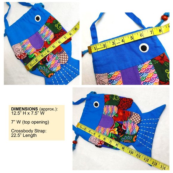 New Patchwork Kids Fish Blue Crossbody Bag Mini Tote Drawstring Red Purple Lined - Picture 11 of 11